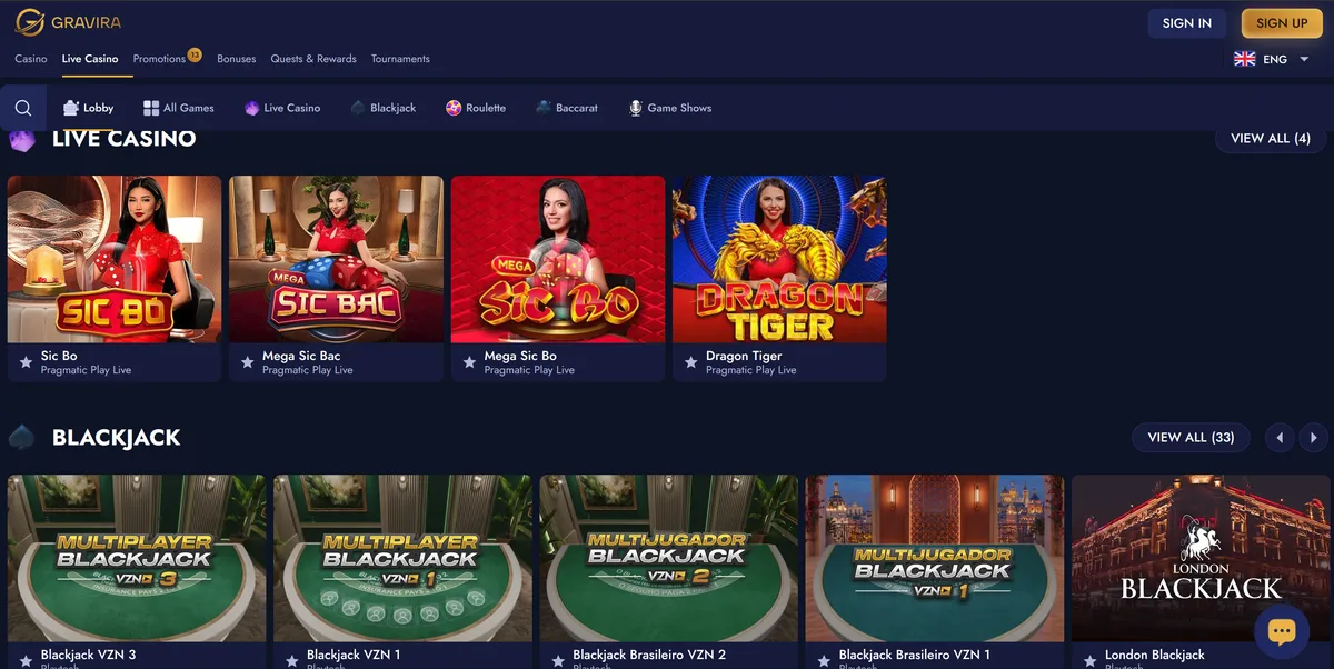 Live Dealer and Table Games at Gravira